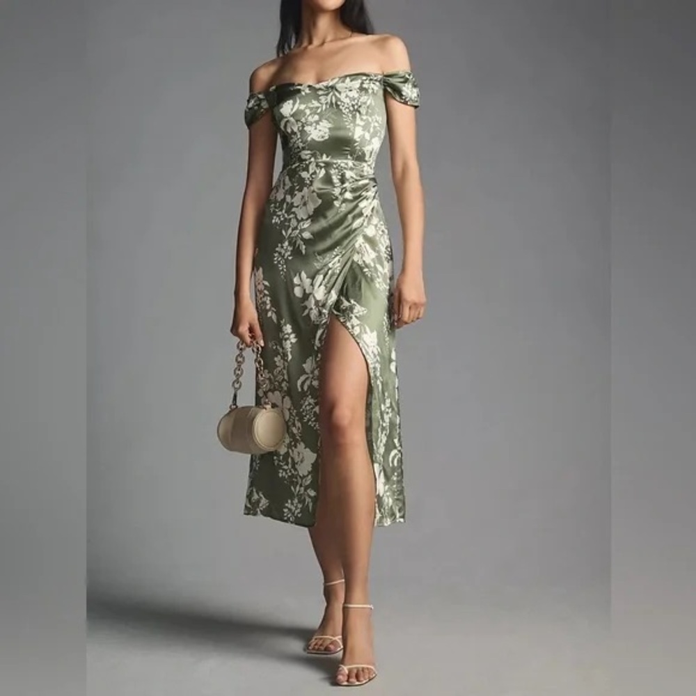 Reformation Genesis Silk Midi Dress in the Willow Green Floral pattern